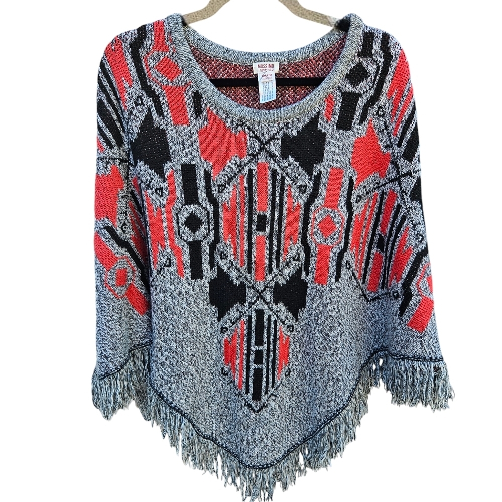 Mosimo Aztec geometric tribal sweater shawl with fringe gray red black S/M